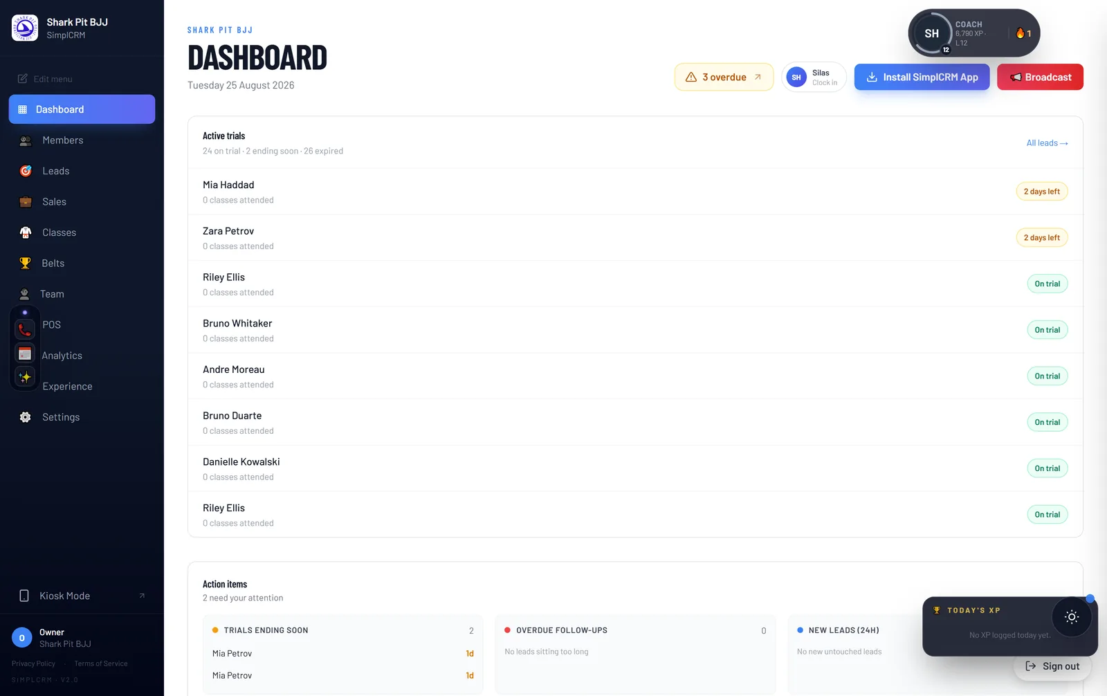 The BoxOps dashboard showing active trials, action items and gym KPIs