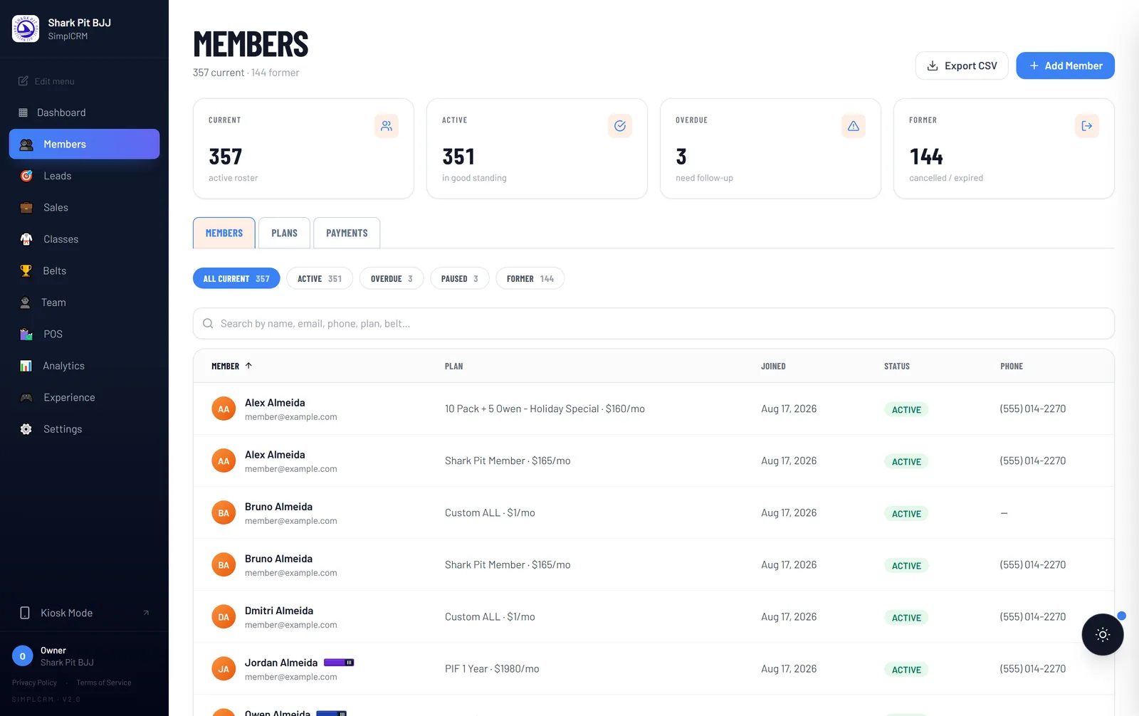 BoxOps member roster with belt ranks and plan status